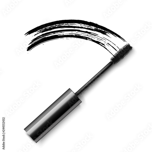 Vector realistic black mascara with smear trace isolated on white background