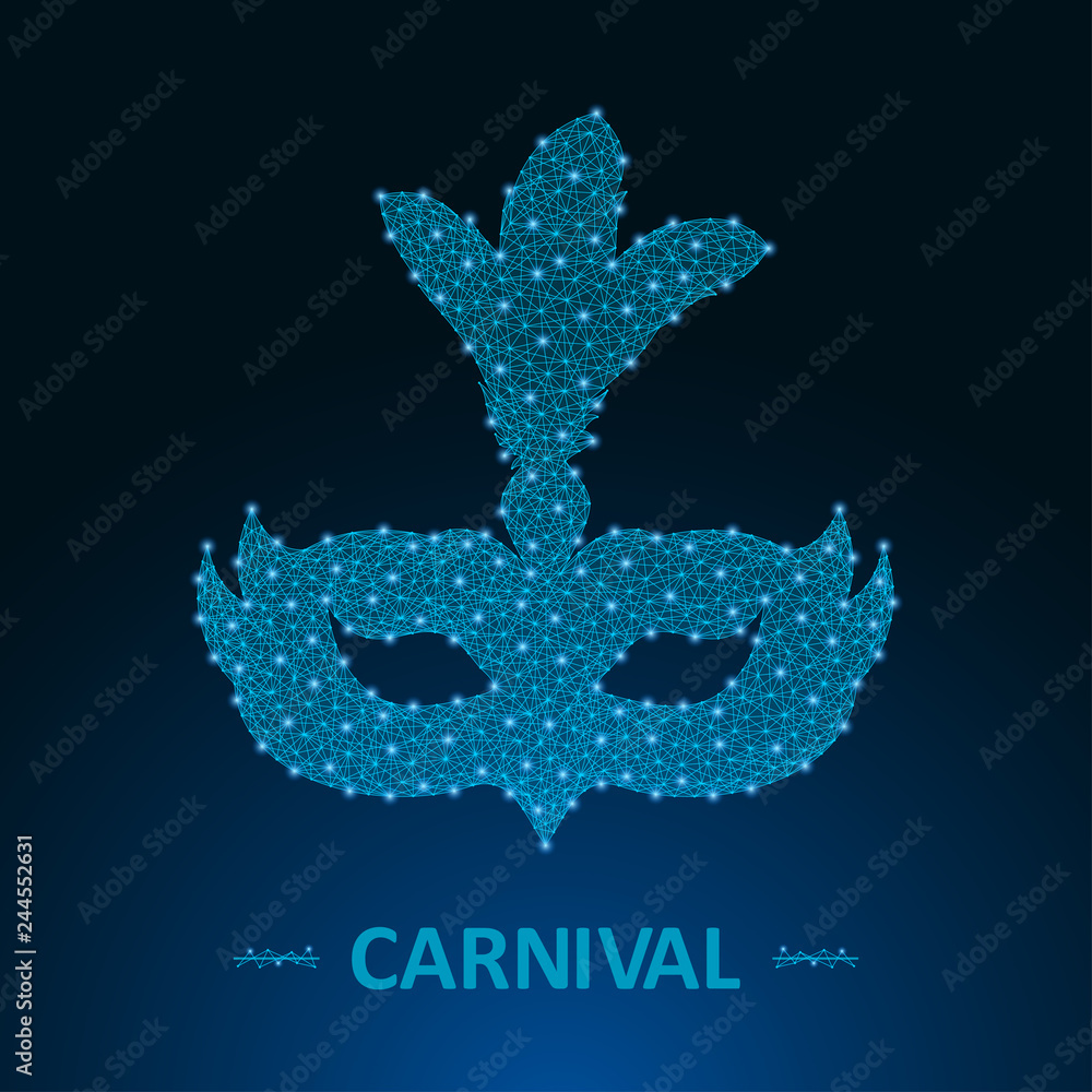 Carnival mask made by points and lines. Brazil holiday banner for Mardi Gras with polygonal wireframe mesh. Low poly carnaval design. Vector illustration. Carnival mask made by points and lines. Brazil holiday banner for Mardi Gras with polygonal wireframe mesh. Low poly carnaval design. Vector illustration.