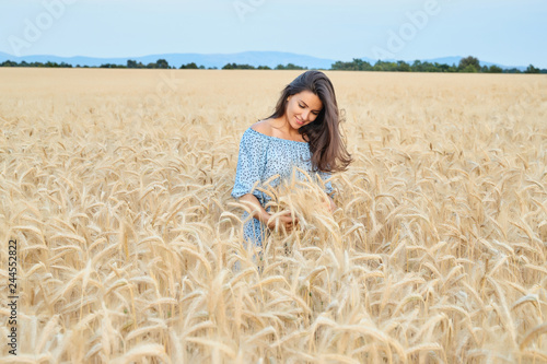The beautiful young girl with long brunette hairs poses in the field with wheat, sunset light, turns, smiles, flirts, happy, blue dress, France, Provence, rye field