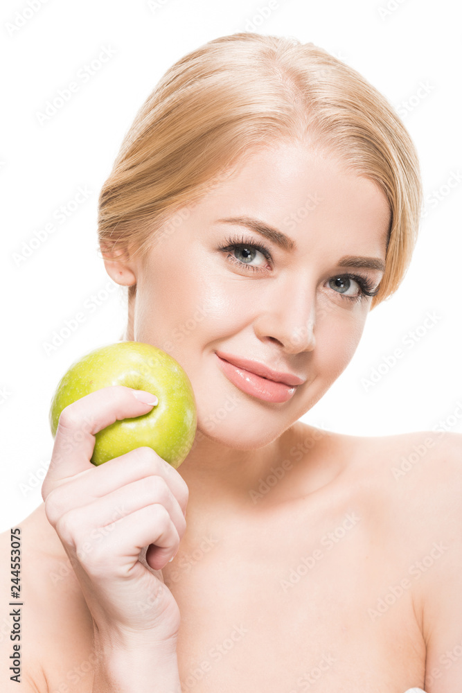 beautiful naked young woman holding fresh green apple and smiling at camera isolated on white beautiful naked young woman holding fresh green apple and smiling at camera isolated on white