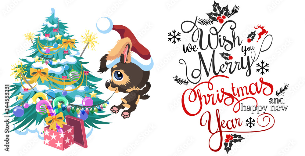 Fototapeta premium Cartoon cute happy dog decorating christmas tree