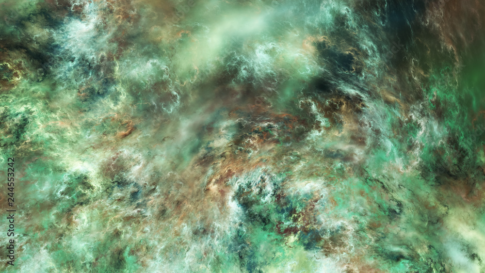 Abstract surreal green clouds. Expressive brush strokes. Fractal background. 3d rendering.