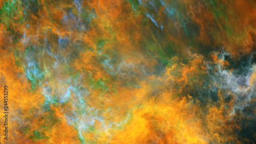 Abstract surreal green and yellow clouds. Expressive brush strokes. Fractal background. 3d rendering.