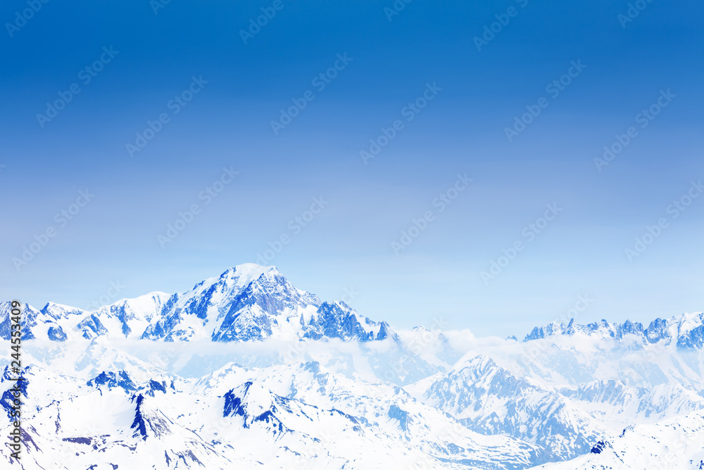Panoramic view of snow caped Mont Blanc mountain