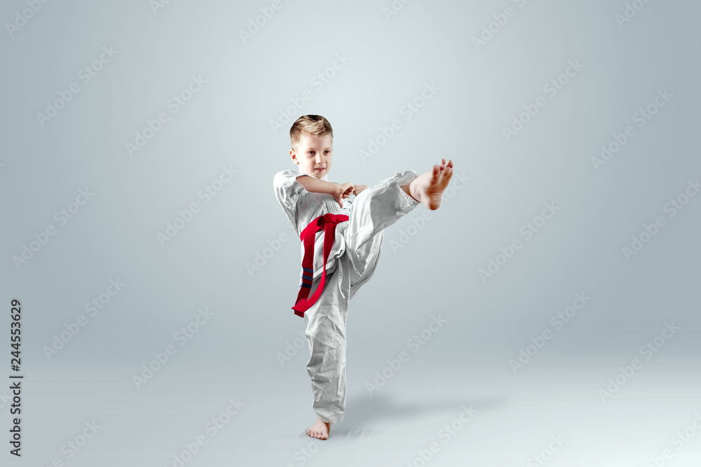 Creative background, a child in a white kimono makes a kick, on a light background. The concept of martial arts, karate, sports since childhood, discipline, first place, victory. copy space. Creative background, a child in a white kimono makes a kick, on a light background. The concept of martial arts, karate, sports since childhood, discipline, first place, victory. copy space.
