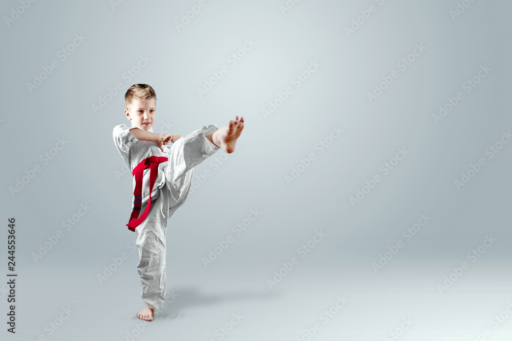 Creative background, a child in a white kimono makes a kick, on a light background. The concept of martial arts, karate, sports since childhood, discipline, first place, victory. copy space. Creative background, a child in a white kimono makes a kick, on a light background. The concept of martial arts, karate, sports since childhood, discipline, first place, victory. copy space.