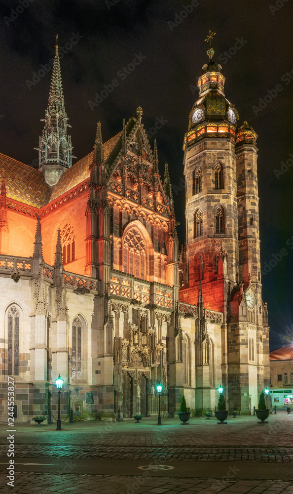 Scenic nightscape of St. Elisabeth cathedral in Kosice, Slovakia