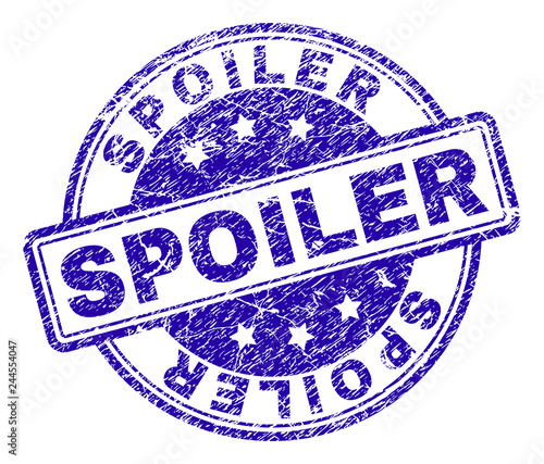 SPOILER stamp seal watermark with distress texture. Designed with rounded rectangles and circles. Blue vector rubber print of SPOILER label with grunge texture.