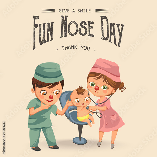 Cartoon pediatrician examines little kid poster