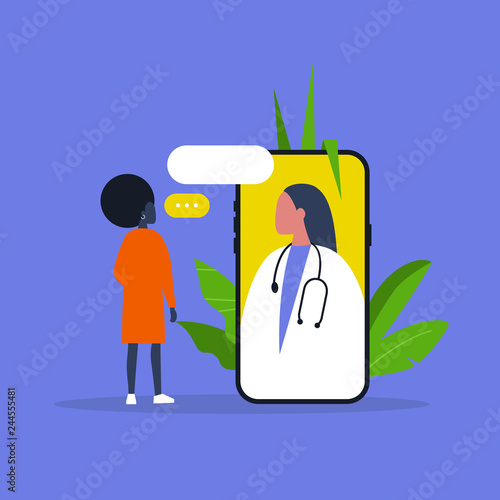 Doctor appointment. Online consultation. Modern healthcare technologies. Hospital. Millennial female patient. Flat editable vector illustration, clip art