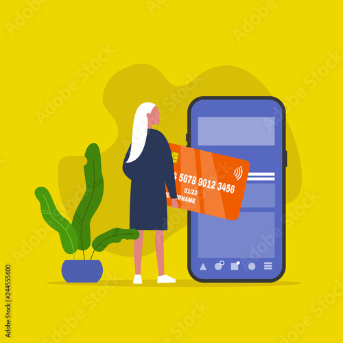 Mobile contactless payment. Online shopping. New technologies. Female Millennial character holding a bank credit card. Flat editable vector illustration, clip art