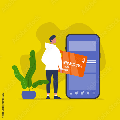 Mobile contactless payment. Online shopping. New technologies. Male Millennial character holding a bank credit card. Flat editable vector illustration, clip art