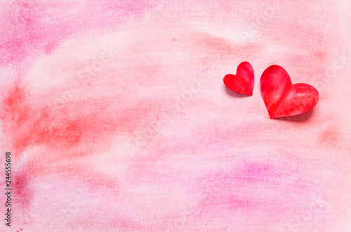 Watercolor hearts and background.  Love concept for mother's day and valentine's day.  Top view. Copy space