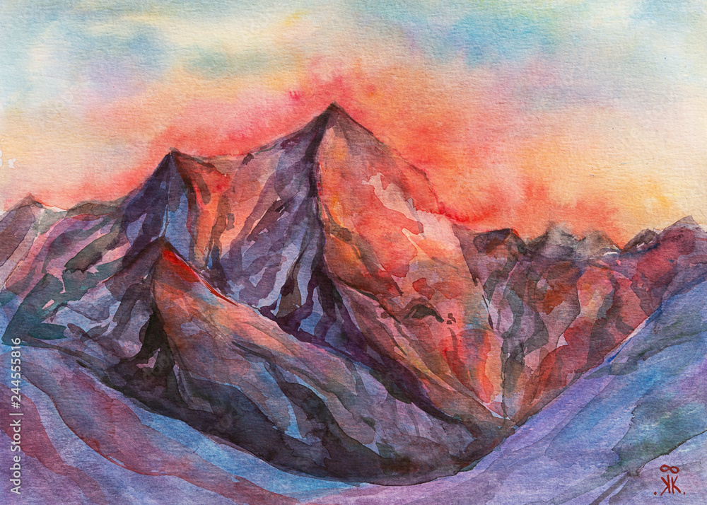 Fototapeta premium Tramonto in montagna dipinto acquerello
