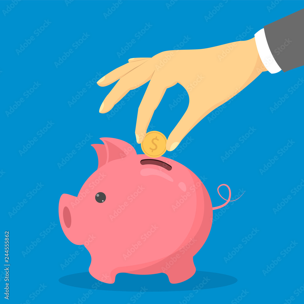Fototapeta premium Hand put golden coin in pink piggy bank