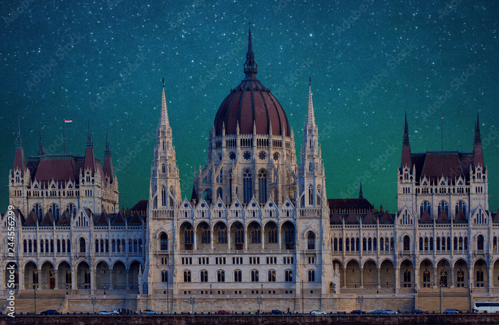 Fototapeta premium Hungary, Budapest Parliament view from Danube river 