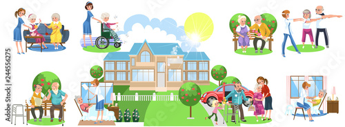 Cartoon set of different activities in nursing home
