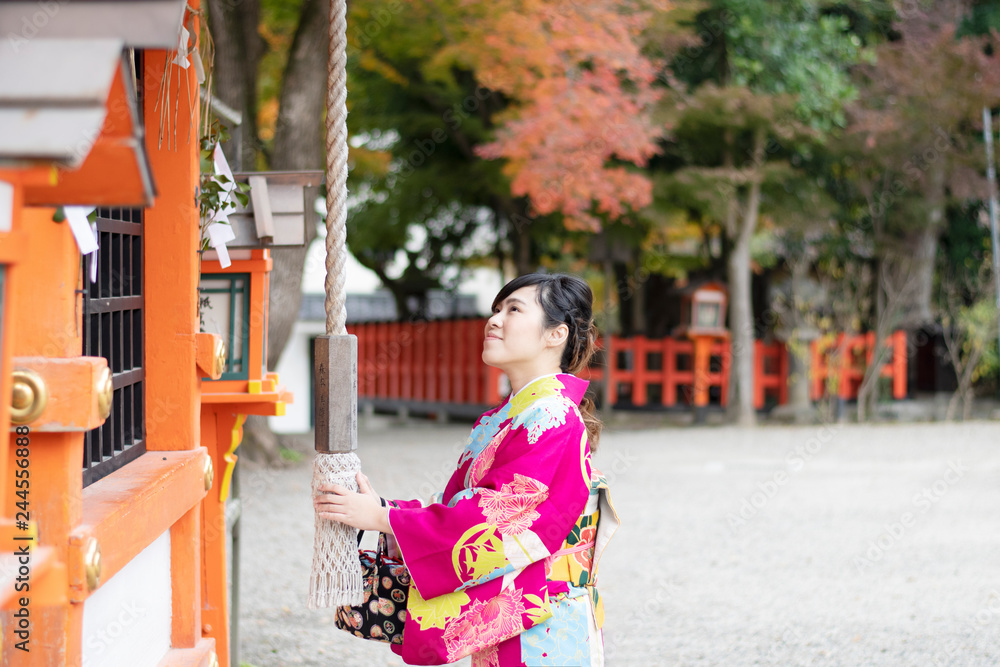 Japanese woman in kimono is enjoy traveling in Kyoto, Japan.