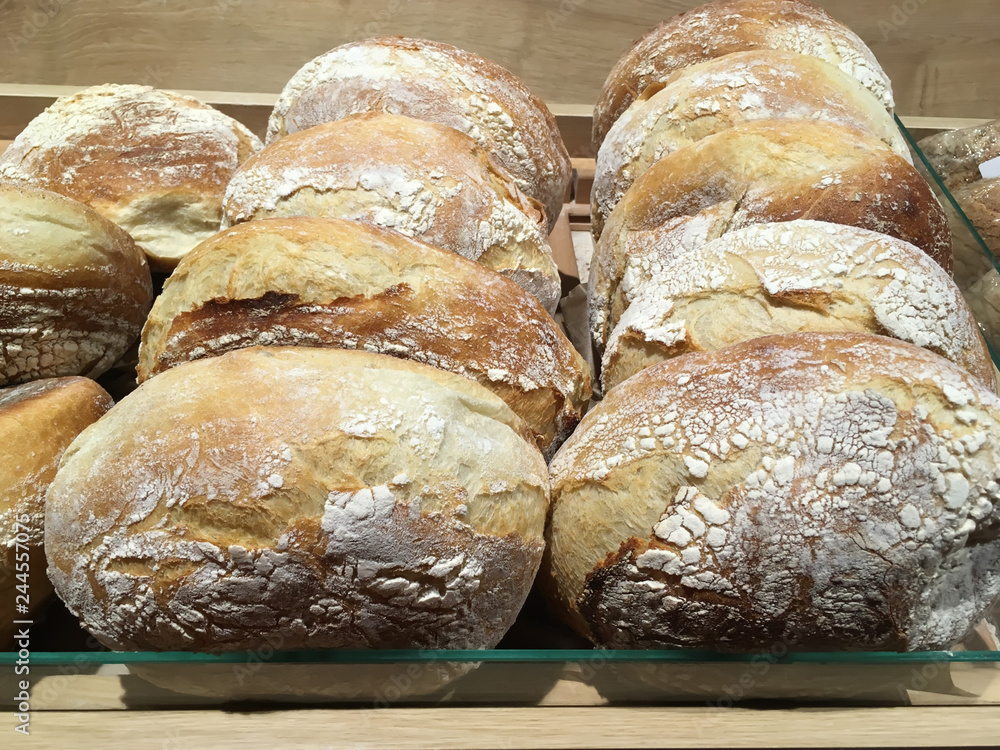 Closeup of freshly baked bread on shop shelf display