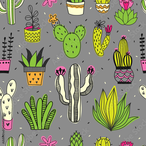 Cacti and succulents seamless vector pattern. Background with tropical flowers and plants