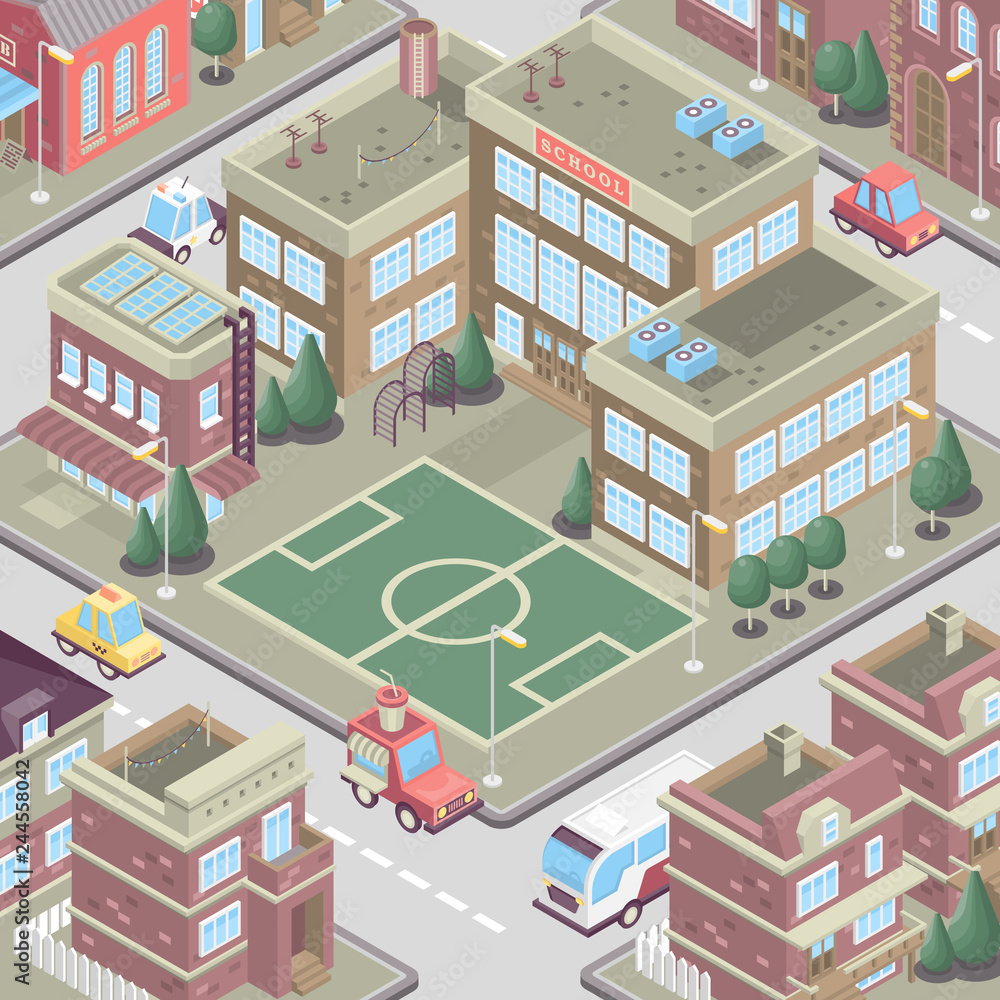 City district in isometric 3d style. Vector town. Set of buildings, houses, townhouses, multi-family homes, shop, bar, school, hospital, car parking. City district in isometric 3d style. Vector town. Set of buildings, houses, townhouses, multi-family homes, shop, bar, school, hospital, car parking.