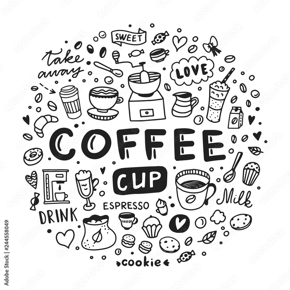 Coffee hot drinks round concept. Doodle vector coffee elements and graphics on white background