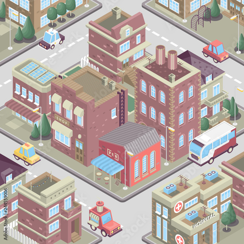 City district in isometric 3d style. Vector town. Set of buildings, houses, townhouses, multi-family homes, shop, bar, school, hospital, car parking.