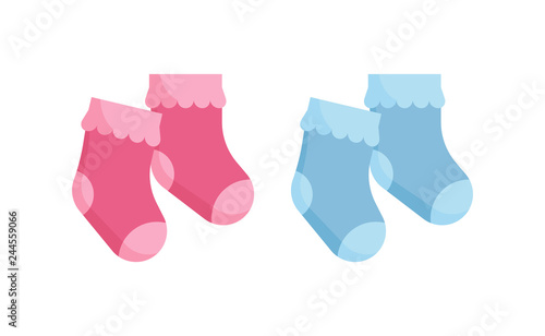 Children socks vector illustration set - pink and blue newborn wearing isolated on white background.