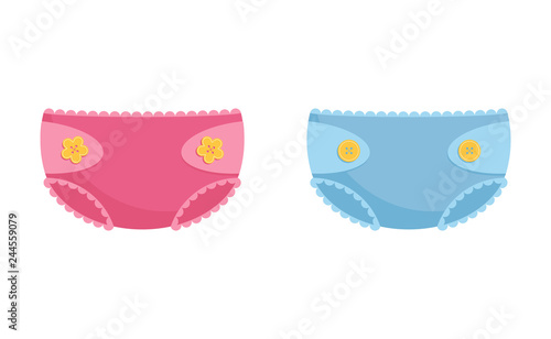 Children diaper decorated with buttons vector illustration set.