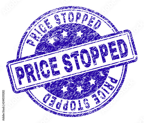 PRICE STOPPED stamp seal watermark with distress texture. Designed with rounded rectangles and circles. Blue vector rubber print of PRICE STOPPED tag with corroded texture.
