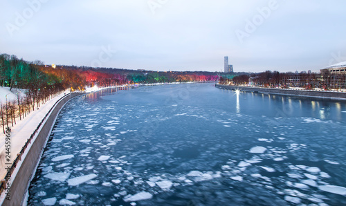 Christmas (New Year holidays) decoration in Moscow (at night), Russia-- Vorobyovskaya Embankment of the Moskva river and Sparrow Hills (Vorobyovy Gory) photo