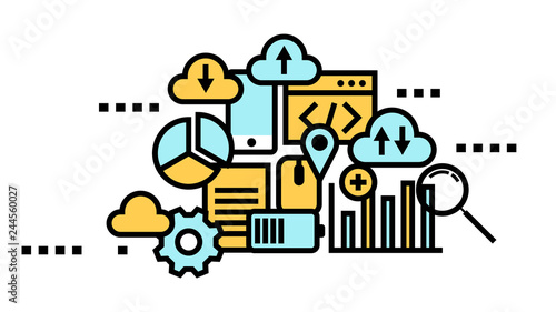 Flat line icon art style concept, Cloud computing, data storage, web services. vector illustration