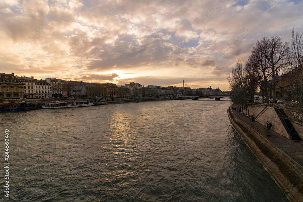 Beautiful sunset above the Seine river, Paris, France.