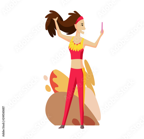 Funny sport girl taking selfie with attractive pose and duck face kissing camera.