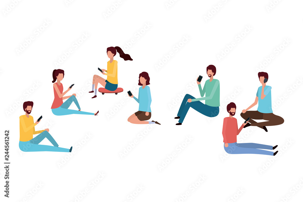 group of people with smartphone avatar character