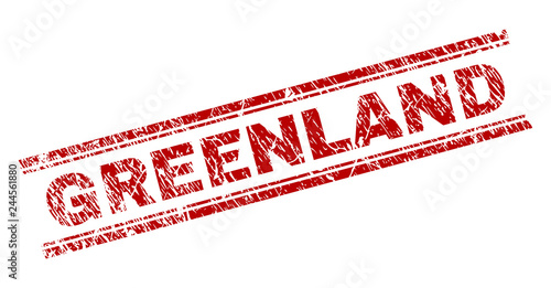 GREENLAND seal stamp with grunge style. Red vector rubber print of GREENLAND label with grunge texture. Text label is placed between double parallel lines. photo