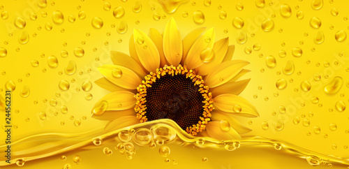 Golden drops. Sunflower oil. 3d realistic vector