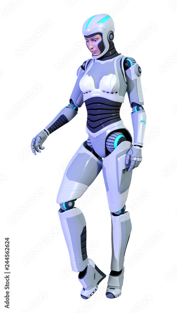 3D Rendering Female Robot on White