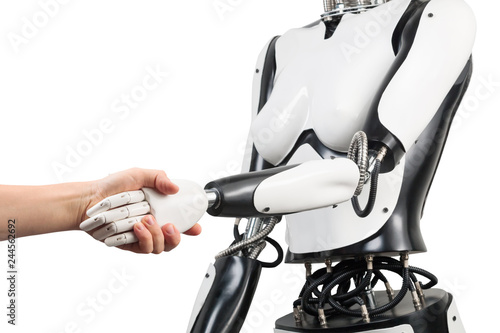 Female robot and man holding hands with handshake isolated on white background. Real robot not 3D image