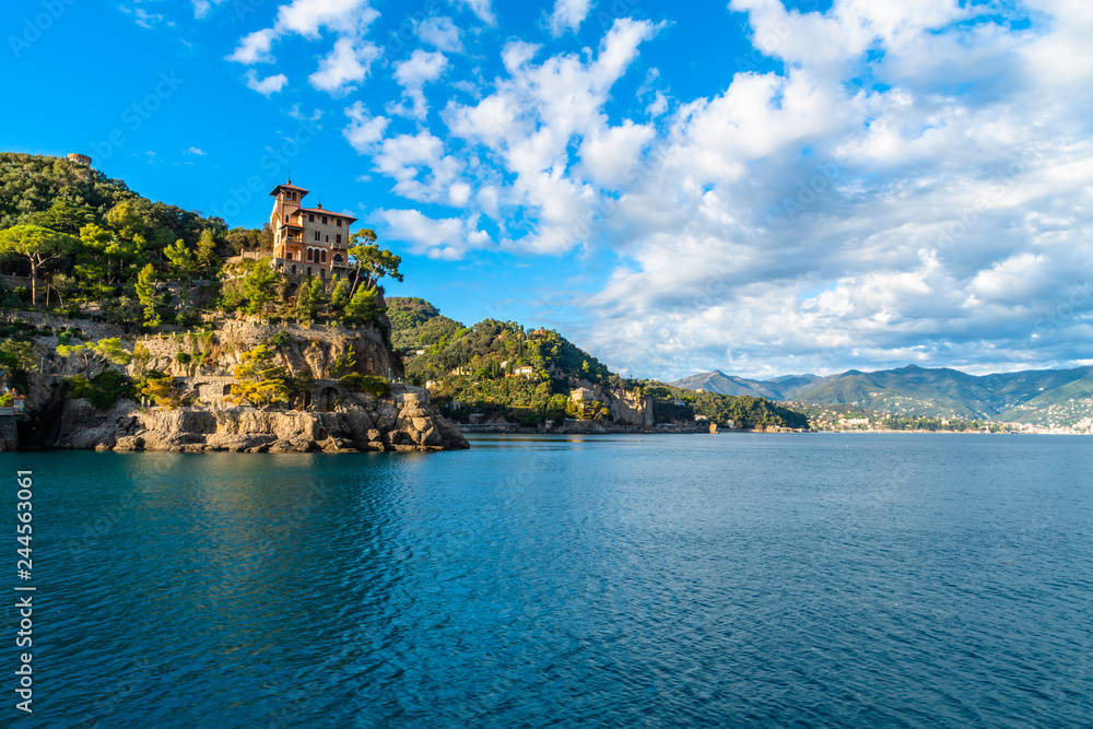Medieval castle on the cliff near Portofino, Ligurian coast in Italy