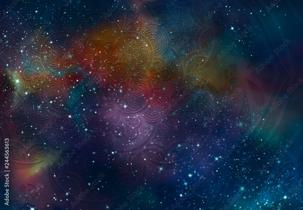Naklejka premium Abstrakcyjne starożytne geometryczne z polem gwiazdy i kolorowym tłem galaktyki, akwarelowym malowaniem cyfrowym i projektem graficznym mandali