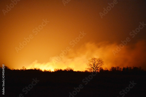 Forest fire caused by burning dry leaves and grass at night. Glow of a forest fire is seen far away at night