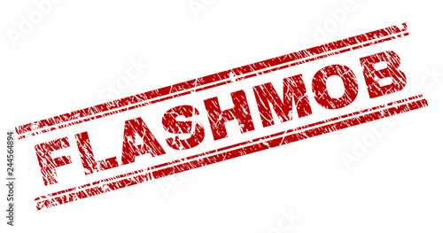 FLASHMOB seal imprint with corroded texture. Red vector rubber print of FLASHMOB text with grunge texture. Text label is placed between double parallel lines.