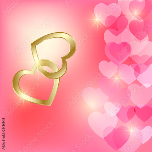 Greeting card with golden hearts on a pink background.