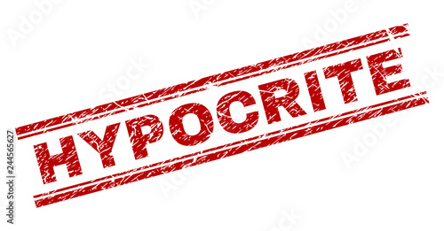 HYPOCRITE seal watermark with corroded texture. Red vector rubber print of HYPOCRITE caption with corroded texture. Text title is placed between double parallel lines.