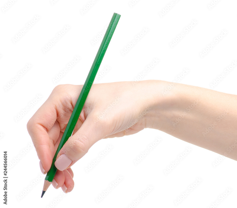Green pencil in hand on white background isolation Green pencil in hand on white background isolation
