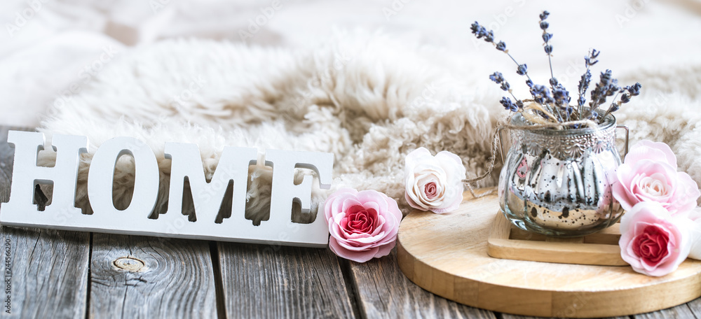 Cozy home composition on wooden background Cozy home composition on wooden background