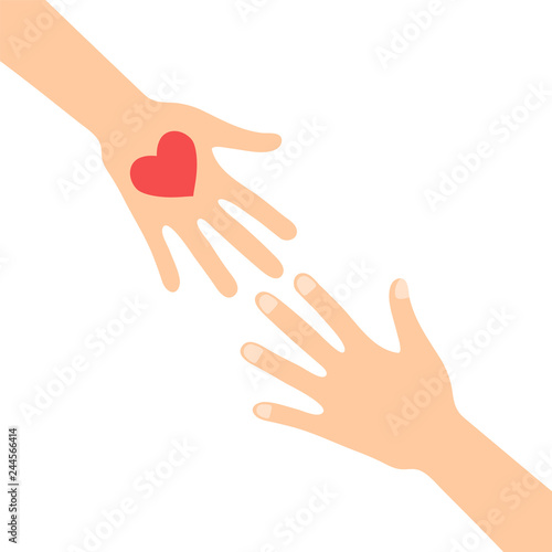 hand of help with red heart on white, stock vector illustration