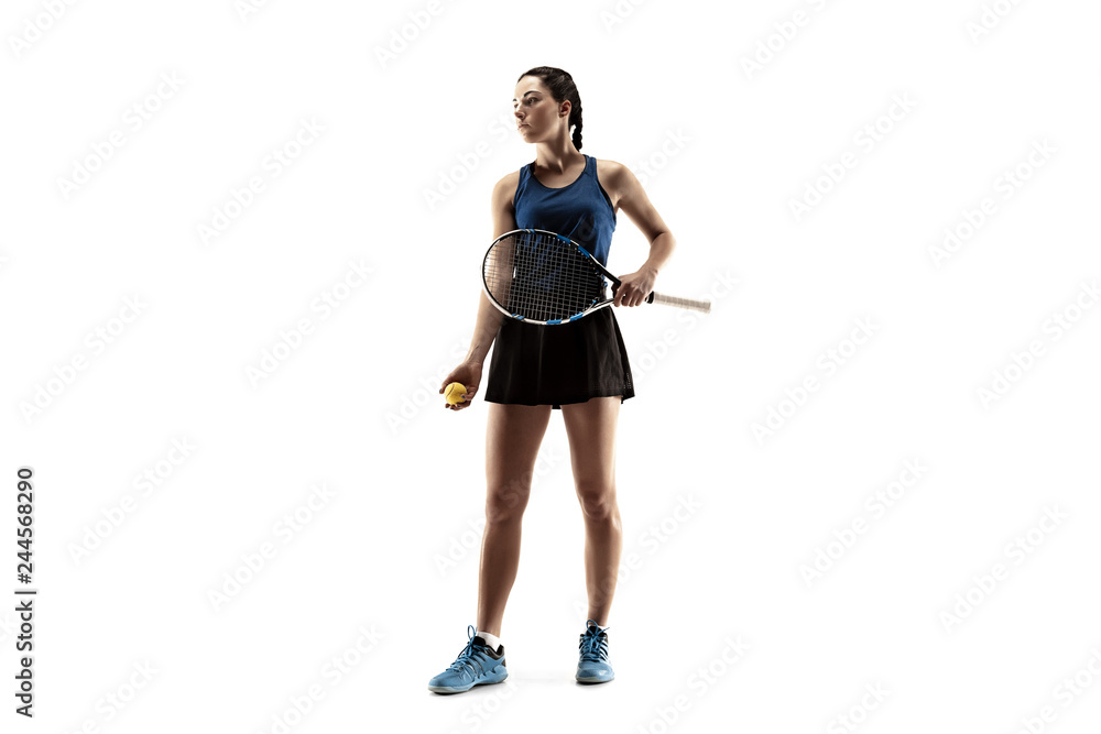 Full length portrait of young woman playing tennis isolated on white background. Healthy lifestyle. The practicing, fitness, sport, exercise concept. The female model in motion or movement Full length portrait of young woman playing tennis isolated on white background. Healthy lifestyle. The practicing, fitness, sport, exercise concept. The female model in motion or movement
