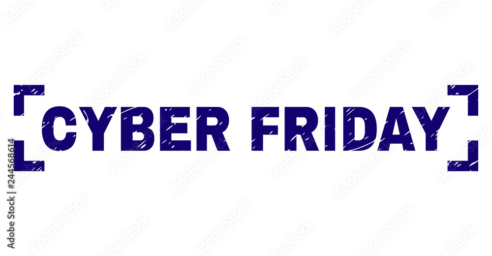CYBER FRIDAY text seal print with distress style. Text tag is placed between corners. Blue vector rubber print of CYBER FRIDAY with corroded texture.